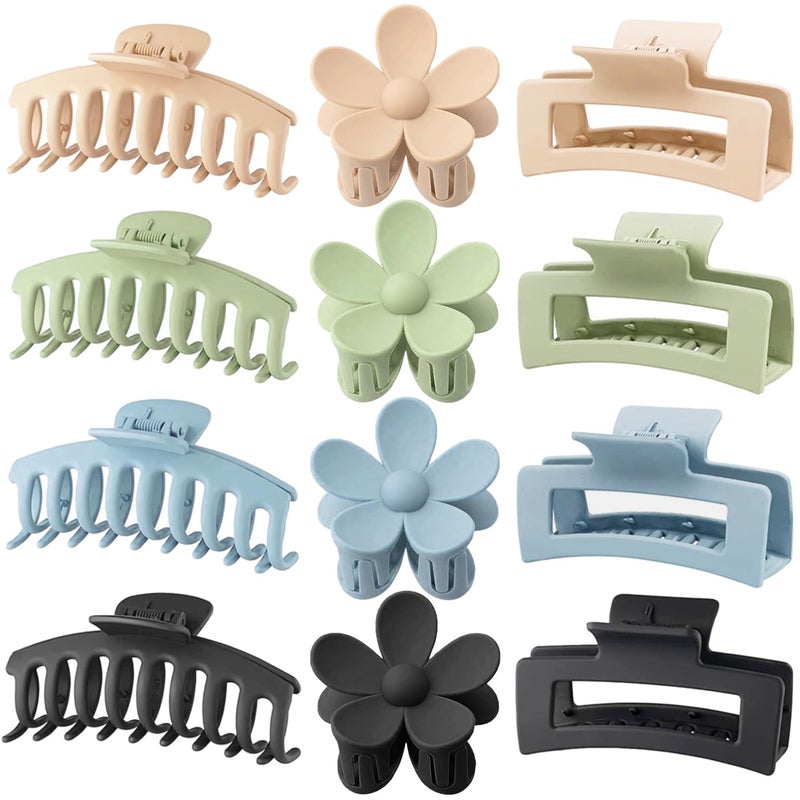 JANFUN Large Hair Claw Clips 12 Pack, Flower Hair Clips for Thin Hair, Big Square Matte Strong hold for Thick Hair, 3 Styles Hair Clips for Women Thick Hair 4 Colors - Image 1
